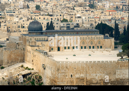 Blick vom Ölberg über den jüdischen Friedhof auf der Al-Aqsa-Moschee auf dem Tempelberg in der Altstadt von Jerusalem Stockfoto