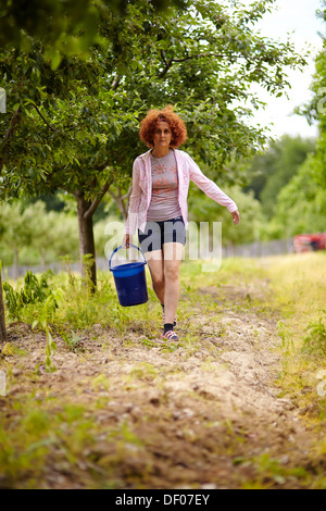 Bauer-Frau, die einen Eimer mit Dünger in einem Obstgarten, mit selektiven Fokus Stockfoto