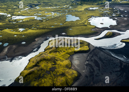 Luftbild, eisigen Fluss Skaftá, moosbedeckten Berge, Langisjór Region, isländische Hochland, Island, Europa Stockfoto