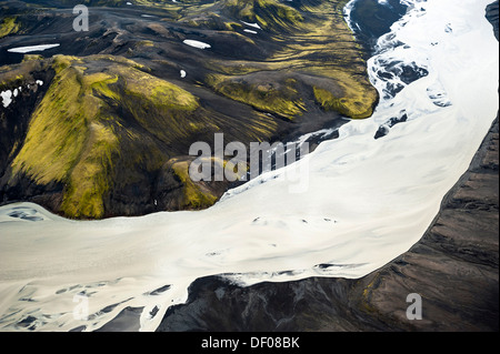 Luftbild, eisigen Fluss Skaftá, moosbedeckten Berge, Langisjór Region, isländische Hochland, Island, Europa Stockfoto