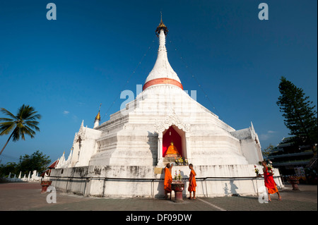 Junge buddhistische Mönche Angebote vor einer Pagode oder Chedi, Tempelanlage Wat Phra, dass Doi Kong Mu, Mae Hong Son Stockfoto