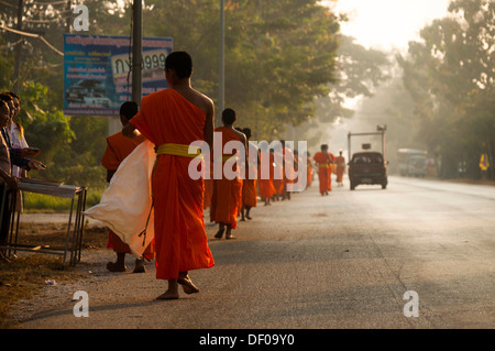 Morgen Almosen rund, junge buddhistische Mönche aus einer Klosterschule Sukhothai Provinz, Nord-Thailand, Thailand, Asien Stockfoto