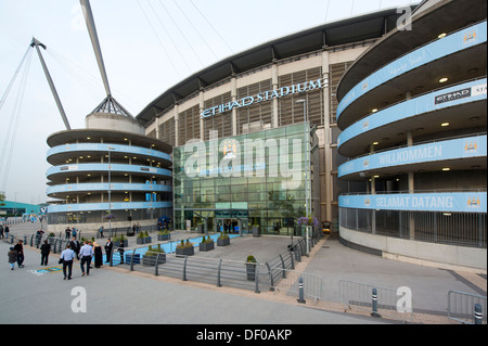 Eine Außenansicht des Etihad Stadium, Heimat von Manchester City Football Club (nur zur redaktionellen Verwendung). Stockfoto