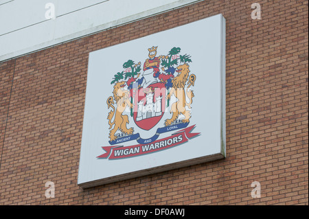 Die Wigan Warriors Rugby League Football Club Emblam wie auf der Seite der DW-Stadion (nur zur redaktionellen Verwendung) zu sehen. Stockfoto