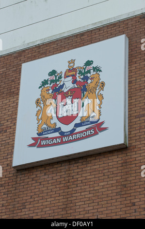 Die Wigan Warriors Rugby League Football Club Emblam wie auf der Seite der DW-Stadion (nur zur redaktionellen Verwendung) zu sehen. Stockfoto