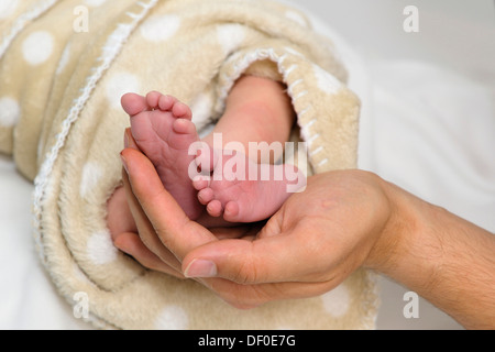 Vaters Hand, die Füße des Neugeborenen Stockfoto