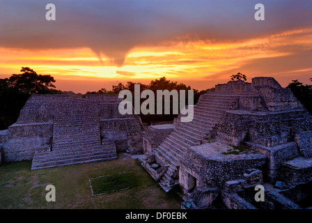 Maya-Tempeln von Caracol, Pyramide, Kalender, 2012, Sonnenuntergang, Belize, Mittelamerika Stockfoto