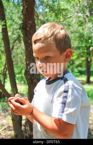 Durchdachte Kind im Park hält Schnecken Stockfoto