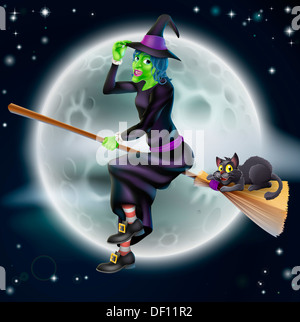 Ein glückliches Cartoon Halloween Hexe fliegen auf ihrem Besenstiel mit ihrer schwarzen Katze und eine Vollmondnacht im Hintergrund Stockfoto