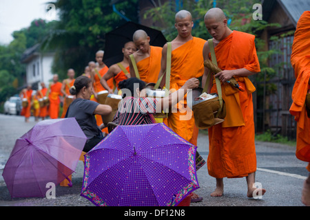 Buddhistische Mönche Spenden auf ihre Morgen Almosen rund, Luang Prabang, Laos Stockfoto
