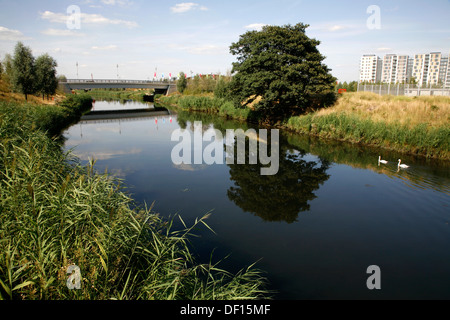 Fluß Lea durch Queen Elizabeth Olympic Park, Stratford, London, UK Stockfoto