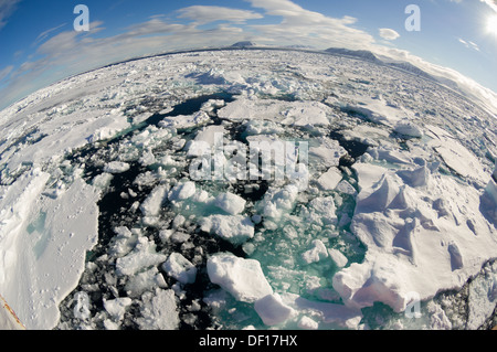Fisheye Aufnahme von schwimmenden Treibeis gebildet in Packeis, von einem Eisbrecher Expeditionsschiff, Freemansundet (zwischen Barentsøya und Edgeøya), Spitzbergen, Norwegen Stockfoto
