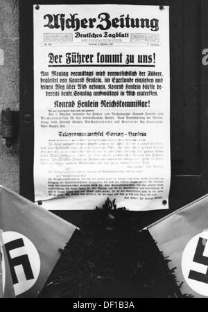 Das Bild der Nazi-Propaganda! Zeigt die Zeitung von Asch vom 2. Oktober 1938, in der die Ankunft von Adolf Hitler am 3. Oktober 1938 nach dem Münchner Abkommen vom 29. September 1938 in Asch angekündigt wurde. Fotoarchiv für Zeitgeschichte Stockfoto