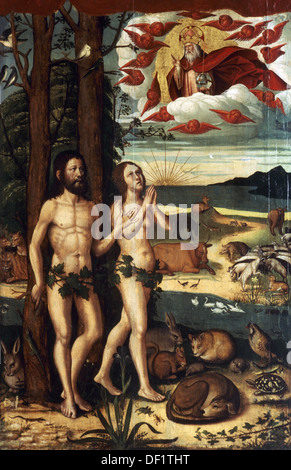 Pere Mates (1500-1558). Spanischer Maler. Altarbild von Santa Maria della Seguero. Detail. Adam und Eva im Paradies. Stockfoto