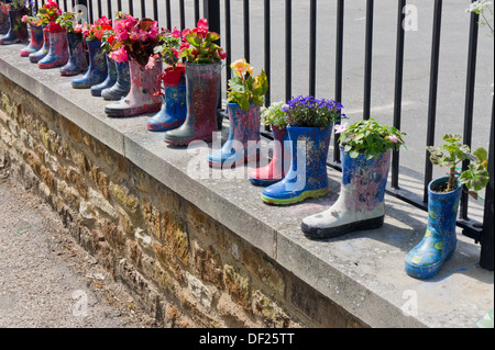 Linie von bunten Wellington Stiefel, gefüllt mit Blumen, außerhalb einer Schule bei wenig Houghton, Northamptonshire Stockfoto