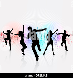 Silhouetten von Menschen tanzen auf einem Musik-Noten-Hintergrund Stockfoto