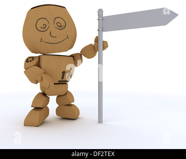 3D Rendern einer Karton-Figur mit leeren weißen Schild Stockfoto