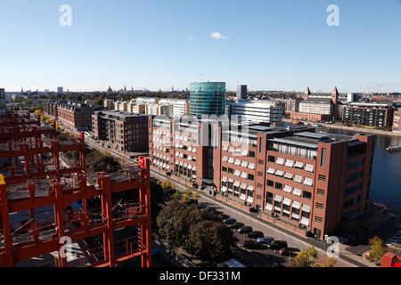 Luftaufnahme von Kopenhagen und rote Container Bucht Strukturen auf Triple-E majestätischen Maersk während in Kopenhagen für die Benennung von Zeremonie. Stockfoto