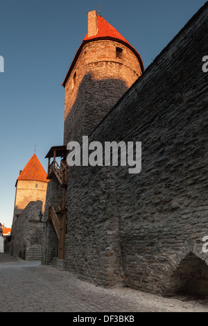 Dunklen Mauern und Türme in der Tallinner Altstadt in der Morgensonne Stockfoto