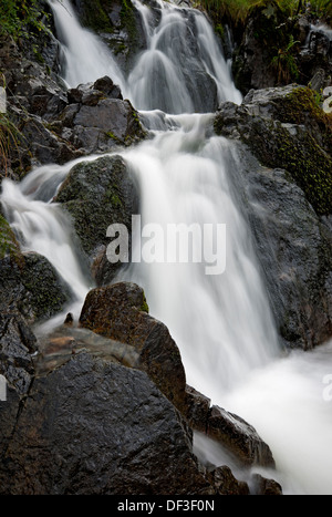 Wasserfall Wasserfälle Nahaufnahme Weichfokus Tom Gill Beck in der Nähe von Tarn Hows Lake District National Park Cumbria England Großbritannien GB Großbritannien Stockfoto