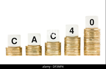 CAC 40 (Paris-Börse-Aktien-Index) Goldmünze Stapel, Isolated on White Stockfoto