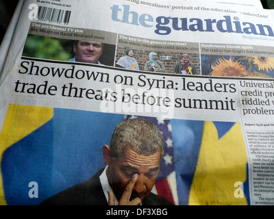 US-Präsident Obama auf der Titelseite der Zeitung Guardian Schlagzeile howdown auf Syrien: Führer Handel Bedrohungen vor dem Gipfel "London VEREINIGTES KÖNIGREICH 5. September 2013 Stockfoto