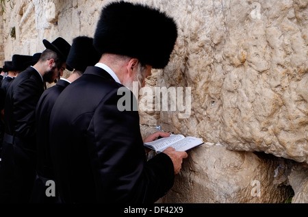 Chassidische Juden das Tragen eines shtreimel Pelzmütze getragen durch viele verheiratete Haredi jüdische Männer, am Schabbat und an jüdischen Feiertagen an der Kotel oder westlichen Wand auch Klagemauer in der Altstadt Ost Jerusalem Israel beten Stockfoto