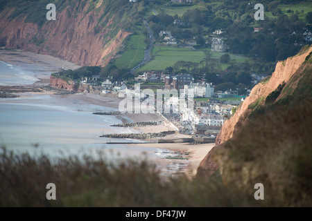 Sidmouth die typisch englische Küstenstadt von der South West Coast Path entlang der Jurassic Küste gesehen. Stockfoto