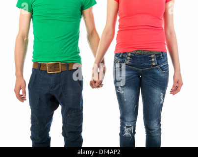 Zugeschnittenen Vorderansicht Bild von Mann und Frau in Freizeitkleidung Händchenhalten isoliert auf weiss Stockfoto
