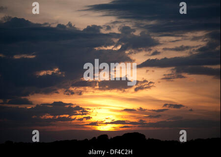 Langland Bucht - Swansea - UK 27. September 2013: atemberaubenden Sonnenuntergang über den Baumkronen über Langland Bucht in der Nähe von Swansea heute Abend. Bildnachweis: Phil Rees/Alamy Live-Nachrichten Stockfoto