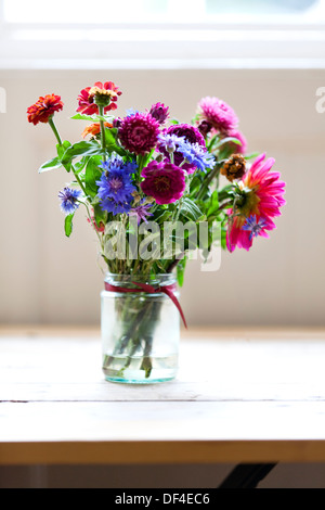 Eine kleine Gruppe von frisch gepflückten Blumen in einem kleinen Glas Stockfoto