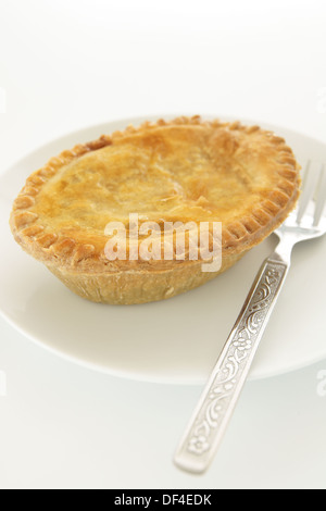 Ein herzhaftes Fleisch Torte mit einer goldenen Kruste auf einem weißen Teller mit Gabel Stockfoto