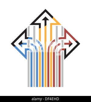 Drei bunte Pfeile aus Linien und in verschiedene Richtungen zeigen Stockfoto