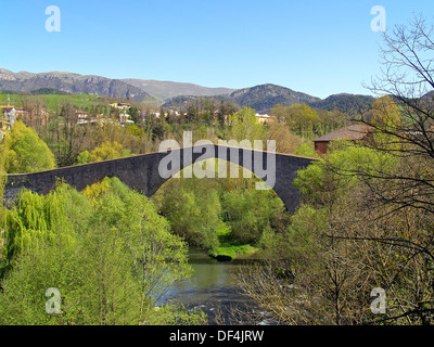 Die alte Brücke über den Rio-Ter, Sant Joan de Les Abadesses, Spanien Stockfoto