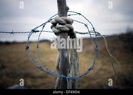 Spule aus Stacheldraht und Seil am Stacheldrahtzaun Stockfoto