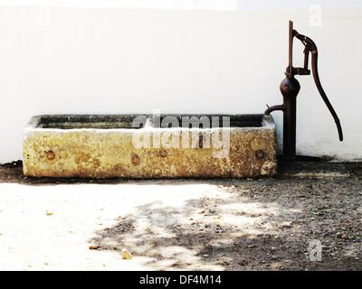 Alte Wasserpumpe und Trog Stockfoto