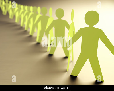 Schneiden Sie Papier bildet eine Linie von Menschen. Konzept der Einheit und Gruppenarbeit. Stockfoto