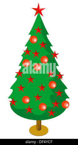 Illustration der Weihnachtsbaum mit roten Verzierungen Kugeln Sterne isoliert auf weißem Hintergrund im retro-Stil gemacht. Stockfoto