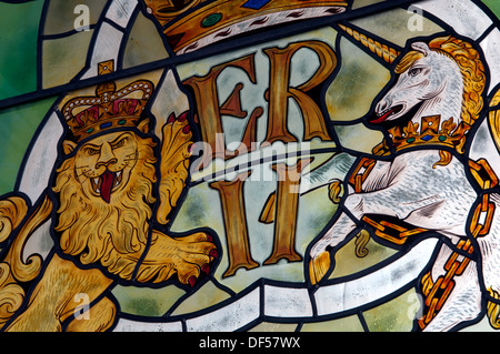 Diamond Jubilee Glasmalerei Detail, St. Maria Magdalena Kirche, Bridgnorth, Shropshire, England, UK Stockfoto