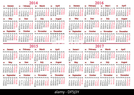 üblichen Geschäftszeiten Kalender für die Jahre 2014-2017 auf weißem Hintergrund Stockfoto