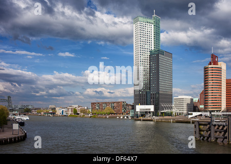 Skyline der Stadt Rotterdam und Nieuwe Maas (neue Maas) Fluss, Niederlanden, Provinz Südholland. Stockfoto