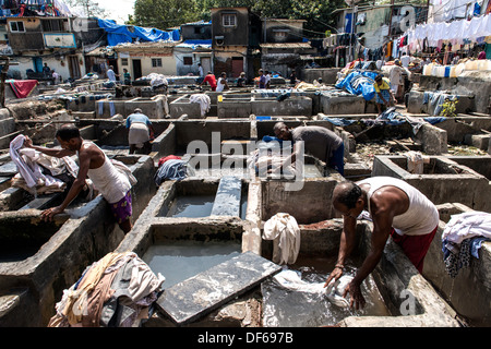 Indische Männer Wäsche waschen bei Mahalaxmi Dhobi Ghat oder Waschsalon Mumbai Indien Stockfoto