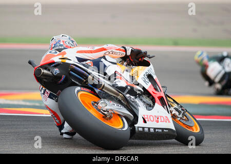 Spanier, Daniel Pedrosa, versucht die Poleposition im Qulifying 2 Motogp Aragon grand prix (MotoGp), in Alcañiz Circuit, Spanien am September 28. zu bekommen, 2013 Repson Honda-Fahrer Daniel Pedrosa hat den dritten Platz in Qualifiyin in Alcañiz Circuit, Teruel, Spanien. Stockfoto