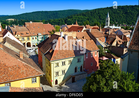 Ansicht von Sighisoara/Schäßburg sächsischen befestigte mittelalterliche Zitadelle vom Uhrturm, Siebenbürgen, Rumänien Stockfoto