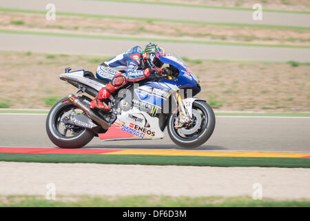 Spanier, Jorge Lorenzo, Führer der Championshp, versucht man die Poleposition im Qulifying 2 Motogp Aragon grand prix (MotoGp), in Alcañiz Schaltung, Spanien am 28. September 2013 hat Yamaha Factory Racing Fahrer Jorge Lorenzo wurde Zweiter im Qualifiyin in Alcañiz Circuit, Teruel, Spanien. Stockfoto