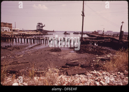 EBBE AUF ARTHUR KILL ZEIGT ÖLVERSCHMUTZUNGEN AUF DEN SUMPF AM HAFEN LESUNG KOHLE YARD 551984 GRASS Stockfoto