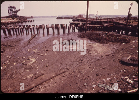 EBBE AUF ARTHUR KILL ZEIGT ÖLVERSCHMUTZUNGEN AUF DEN SUMPF AM HAFEN LESUNG KOHLE YARD 551985 GRASS Stockfoto