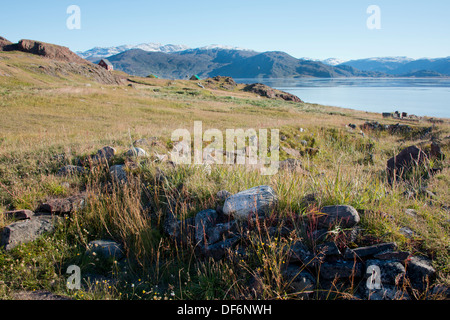 Grönland, Tunulliarfik (aka Eriks Fjord), Übersicht der Qassiarsuk & Brattahlid, Erik der rote östlichen Siedlung. Stockfoto