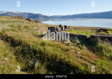 Grönland, Brattahlid (aka Qassiarsuk). Historischer Ort von Erik dem roten östlichen Siedlung Viking Kolonie, 10. Jahrhundert. Stockfoto