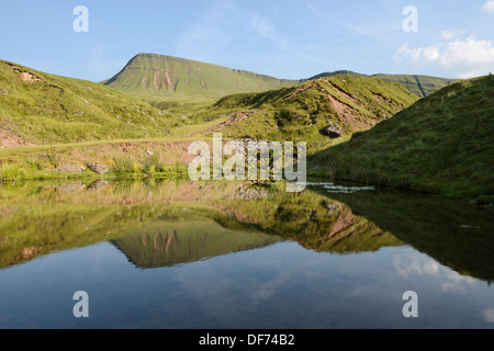 Picws Du, der höchste Punkt in Carmarthen Fans, spiegelt sich in einem kleinen Teich. Brecon Beacons, Wales, UK. Stockfoto